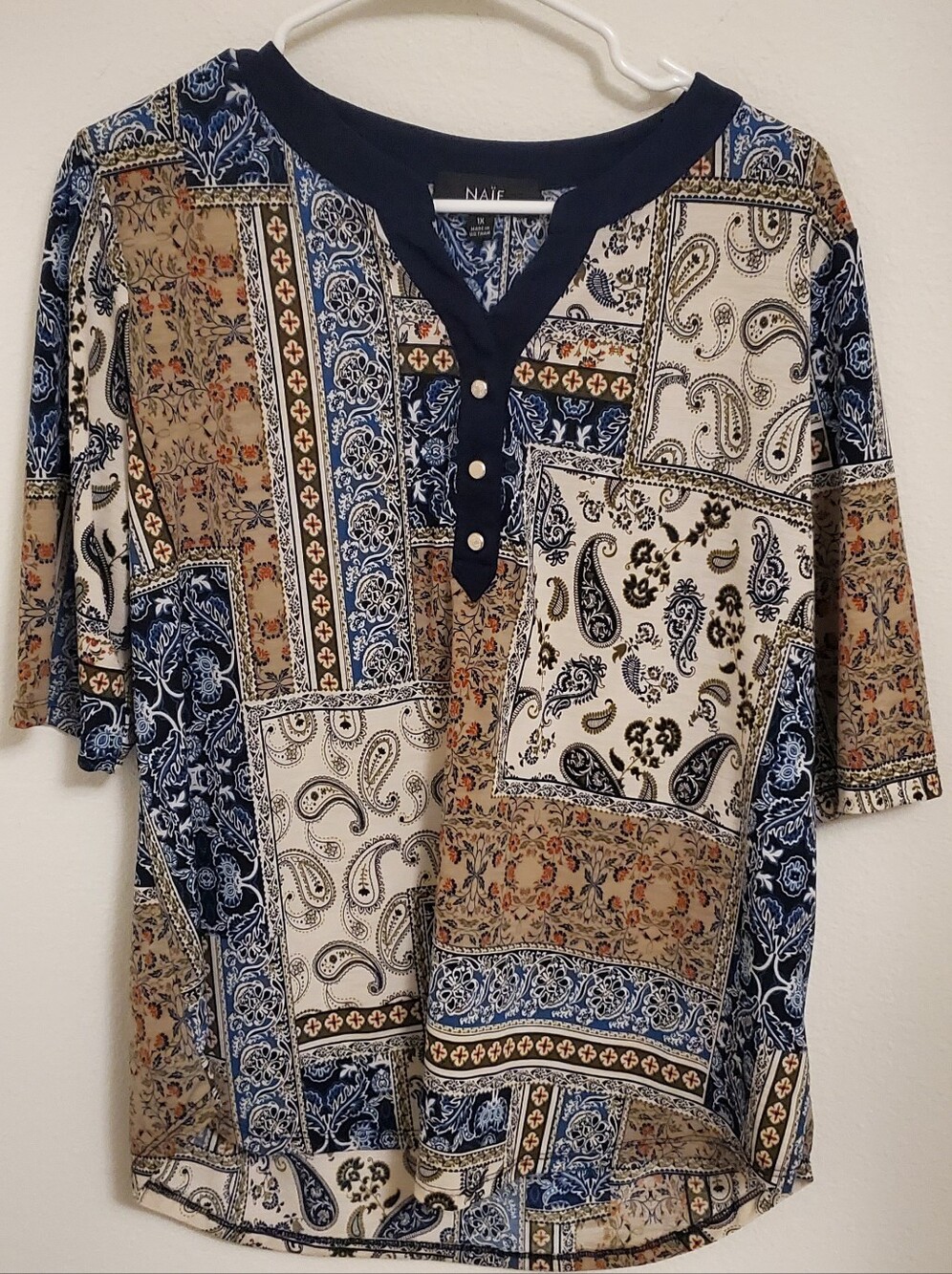 NAIF Patchwork Paisley Print Blouse in Navy, Cream & Brown Size 1X